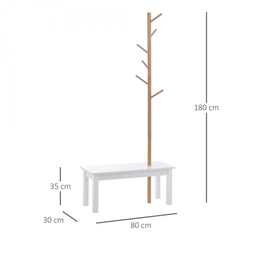 Perchero de Pie con Banco Colgador Tipo Árbol Moderno 6 Ganchos para Colgar Ropa Bolsa Pasillo Entrada Bambú y MDF 80x30x180cm [4]