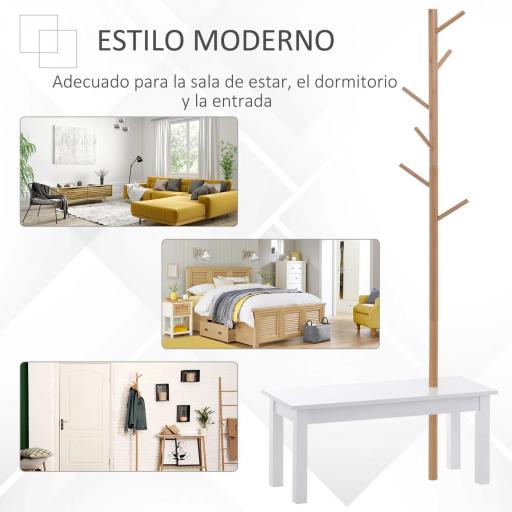 Perchero de Pie con Banco Colgador Tipo Árbol Moderno 6 Ganchos para Colgar Ropa Bolsa Pasillo Entrada Bambú y MDF 80x30x180cm [7]