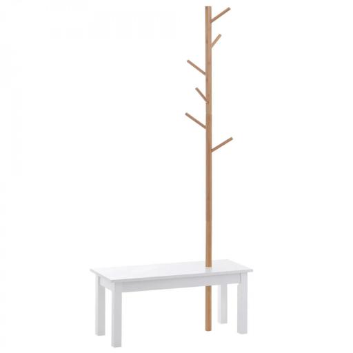 Perchero de Pie con Banco Colgador Tipo Árbol Moderno 6 Ganchos para Colgar Ropa Bolsa Pasillo Entrada Bambú y MDF 80x30x180cm [3]