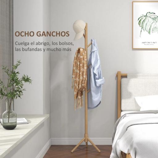 Perchero de Pie de Madera Forma de Árbol con 8 Ganchos para Colgar Ropa Bolsos en Pasillo Entrada 40x40x165 cm Natural [2]