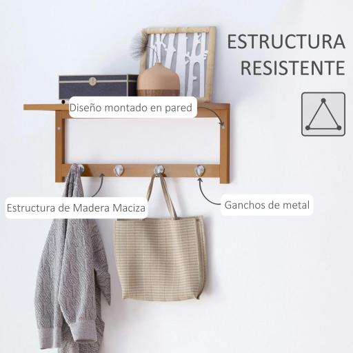 Perchero de Pared de Bambú Estante Toallero de pared 4 Ganchos para Entrada Salón Baño Pasillo Dormitorio 50x16x17,5 cm Carga 5kg [4]
