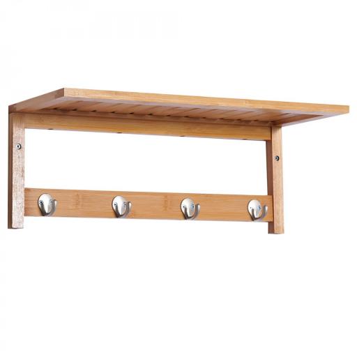 Perchero de Pared de Bambú Estante Toallero de pared 4 Ganchos para Entrada Salón Baño Pasillo Dormitorio 50x16x17,5 cm Carga 5kg [10]