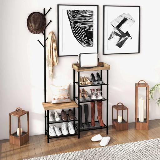 Perchero con Zapatero Industrial con 5 Estantes y 6 Ganchos para Colgar Bolsos Ropa 92.5x28.2x182 cm Marrón Rústico