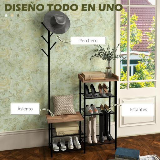Perchero con Zapatero Industrial con 5 Estantes y 6 Ganchos para Colgar Bolsos Ropa 92.5x28.2x182 cm Marrón Rústico [7]