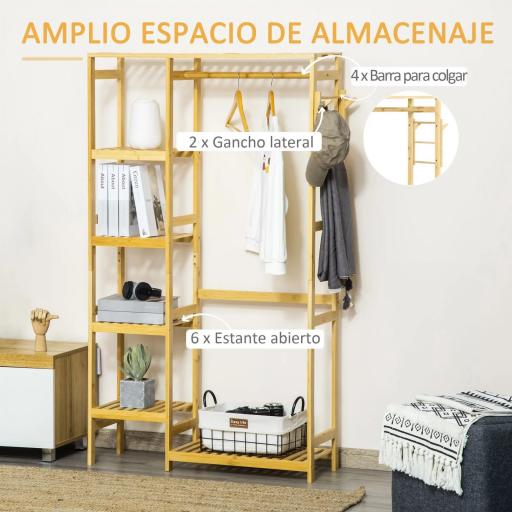 Perchero Burro de Bambú Perchero de Pie con Estantería de 4 Niveles con Barra Estante Inferior y Colgador Lateral para Ropa Bolsas Dormitorio 90x30x155 cm Natural [2]
