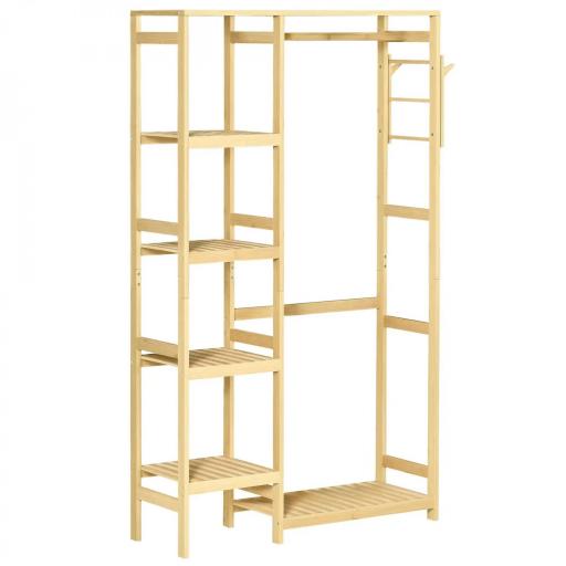 Perchero Burro de Bambú Perchero de Pie con Estantería de 4 Niveles con Barra Estante Inferior y Colgador Lateral para Ropa Bolsas Dormitorio 90x30x155 cm Natural [8]