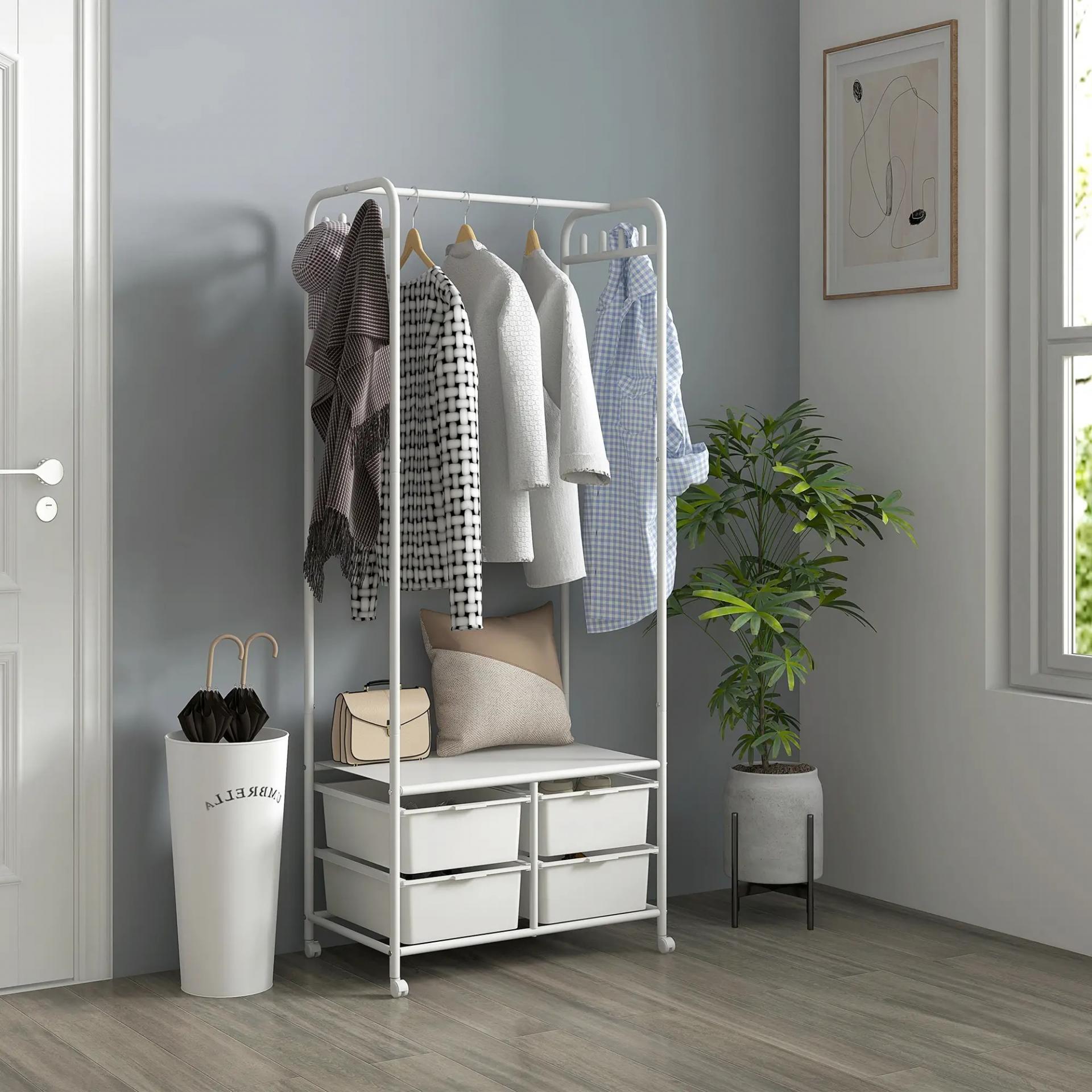 Perchero Zapatero con Ruedas para Recibidor con 8 Ganchos 4 Cestas para Zapatos y Marco de Acero 63x37x153 cm Blanco