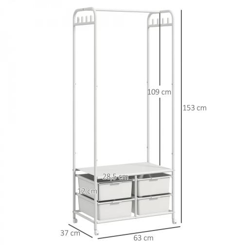 Perchero Zapatero con Ruedas para Recibidor con 8 Ganchos 4 Cestas para Zapatos y Marco de Acero 63x37x153 cm Blanco [1]