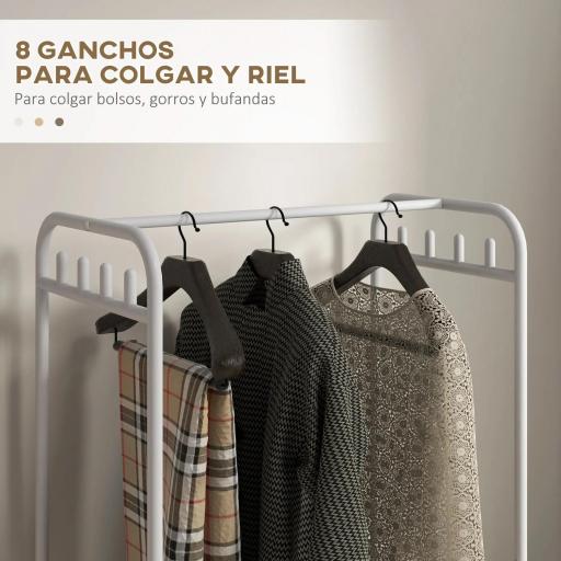 Perchero Zapatero con Ruedas para Recibidor con 8 Ganchos 4 Cestas para Zapatos y Marco de Acero 63x37x153 cm Blanco [6]