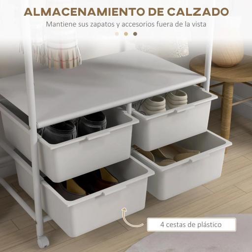 Perchero Zapatero con Ruedas para Recibidor con 8 Ganchos 4 Cestas para Zapatos y Marco de Acero 63x37x153 cm Blanco [3]
