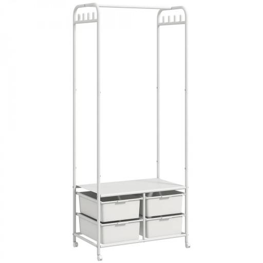 Perchero Zapatero con Ruedas para Recibidor con 8 Ganchos 4 Cestas para Zapatos y Marco de Acero 63x37x153 cm Blanco [8]