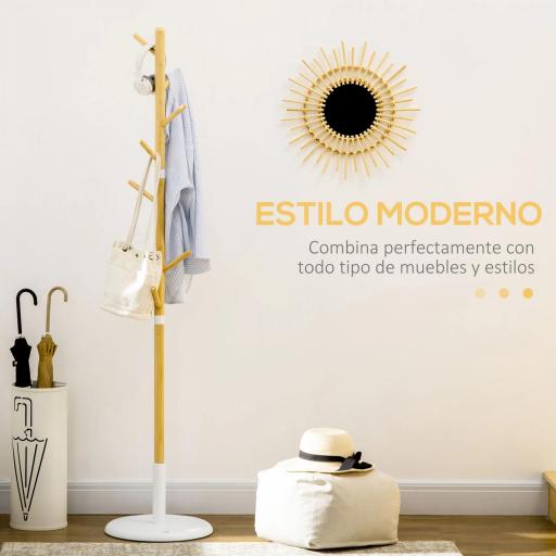Perchero de Pasillo Moderno con 8 Ganchos para Ropas Bolsas Perchero de Árbol para Entrada Ø37,8x175,6 cm Natural [3]