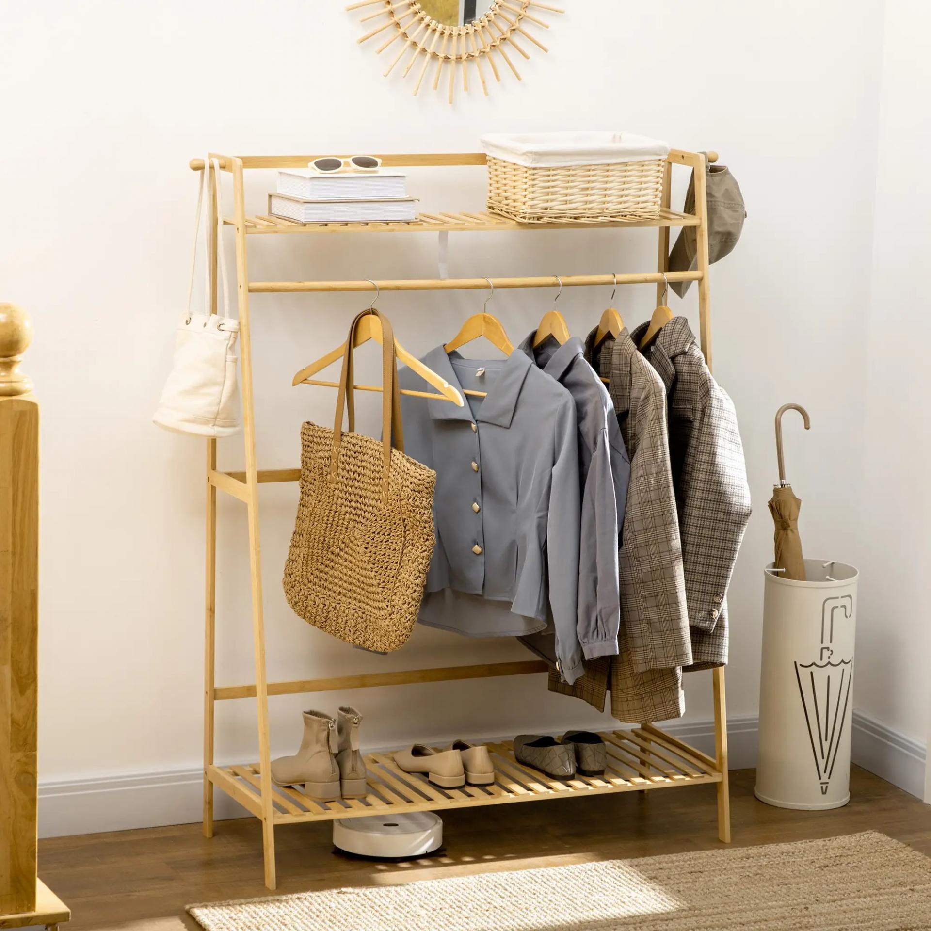 Perchero de Pie de Madera de Bambú para Ropa con 2 Estantes 2 Ganchos y Barra para Colgar 114x40x139 cm Natural