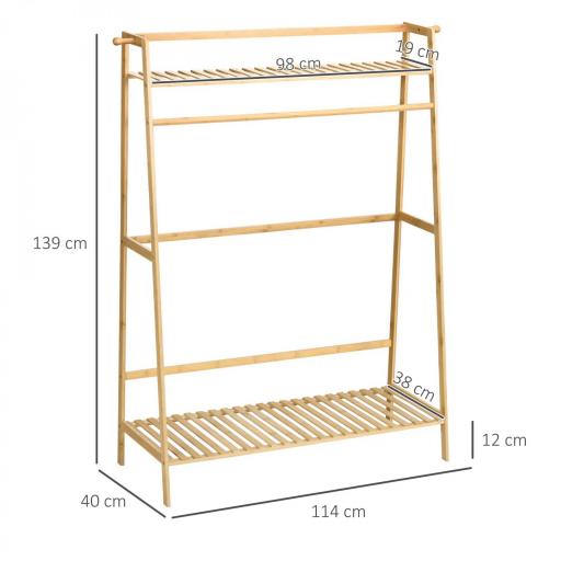 Perchero de Pie de Madera de Bambú para Ropa con 2 Estantes 2 Ganchos y Barra para Colgar 114x40x139 cm Natural [1]