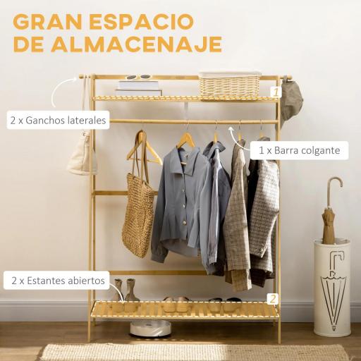 Perchero de Pie de Madera de Bambú para Ropa con 2 Estantes 2 Ganchos y Barra para Colgar 114x40x139 cm Natural [2]