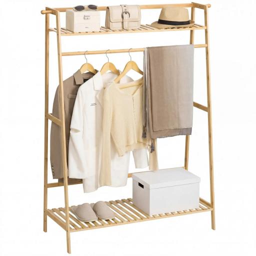 Perchero de Pie de Madera de Bambú para Ropa con 2 Estantes 2 Ganchos y Barra para Colgar 114x40x139 cm Natural [8]