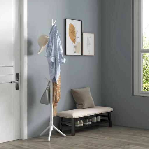 Perchero de Pie de Madera Forma de Árbol con 8 Ganchos para Colgar Ropa Bolsos en Pasillo Entrada 40x40x165 cm Blanco [4]