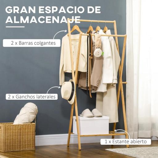 Perchero de Pie de Bambú con Estante para Zapatos 2 Barras y 2 Ganchos para Dormitorio Entrada 74x42x150 cm Natural [2]