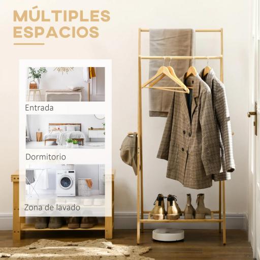 Perchero de Pie de Bambú con Estante para Zapatos 2 Barras y 2 Ganchos para Dormitorio Entrada 74x42x150 cm Natural [3]