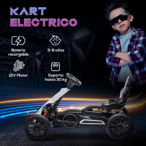Kart Coche Eléctrico Infantil 12V de 3 a 8 Años Velocidad 3-5km/h y Cinturón de Seguridad 100x58x58,5cm Blanco [4]