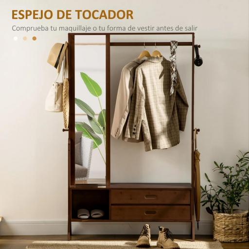 Perchero de Bambú con Banco Espejo 2 Cajones 4 Ganchos Barra y Compartimiento de Almacenaje 113x33x169,5cm Marrón [4]