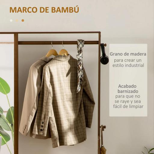 Perchero de Bambú con Banco Espejo 2 Cajones 4 Ganchos Barra y Compartimiento de Almacenaje 113x33x169,5cm Marrón [2]