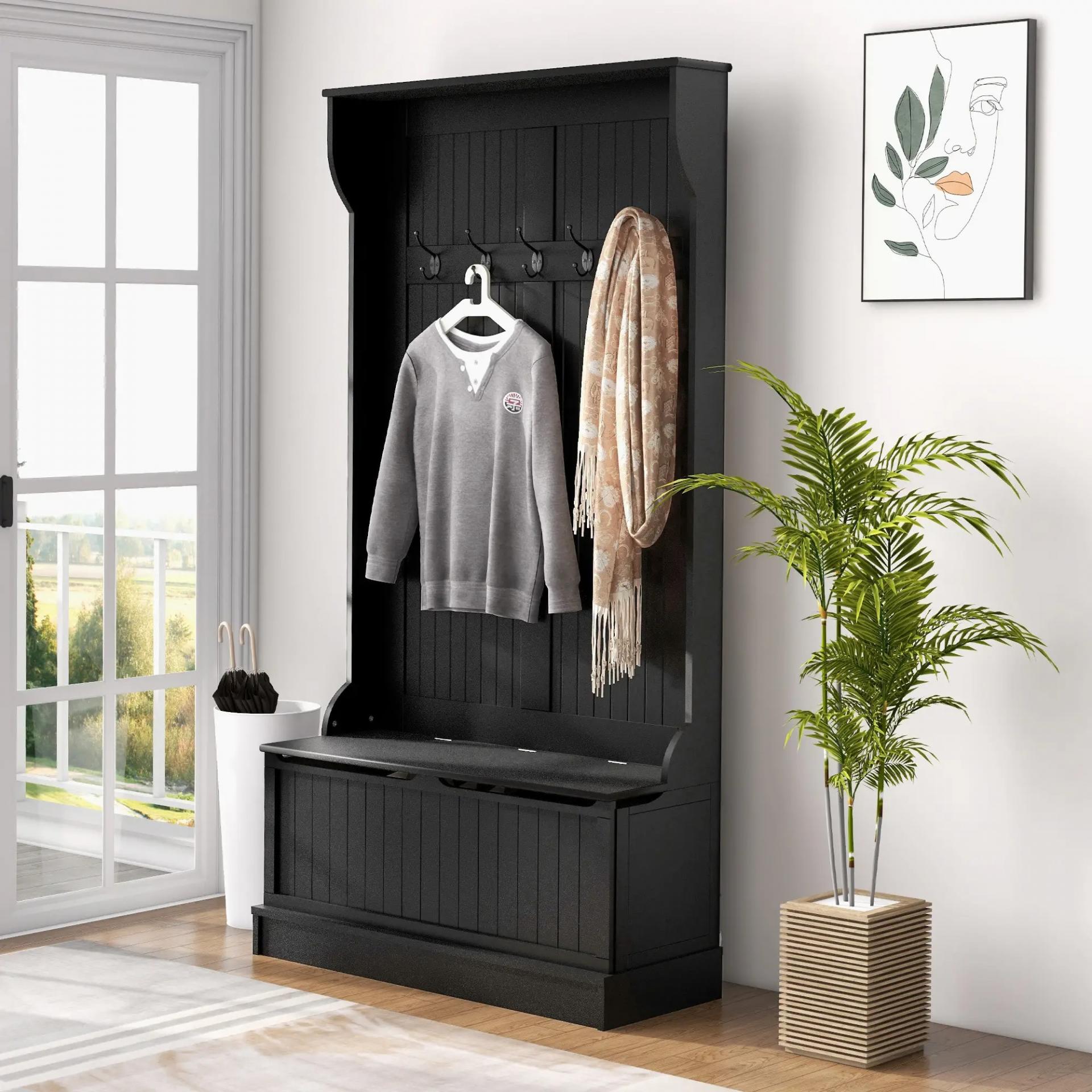 Perchero Zapatero con Banco de Almacenamiento y 5 Ganchos Estilo Moderno 96x34x179,7 cm Negro