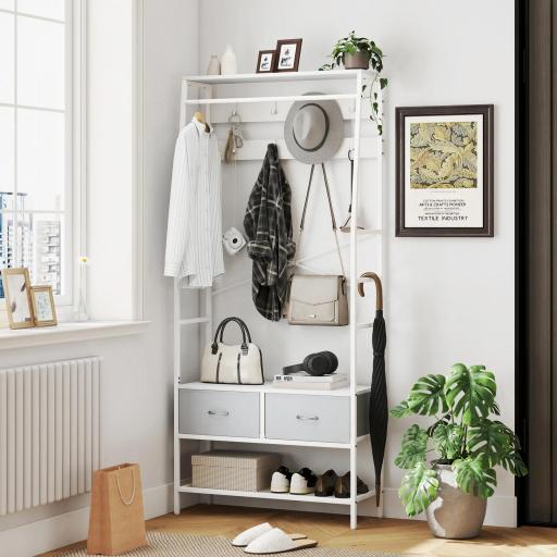 Perchero Zapatero con Zapatero Ganchos Cajones Barra y Eatante para Entrada Pasillo Salón 80x30x180,5 cm Blanco