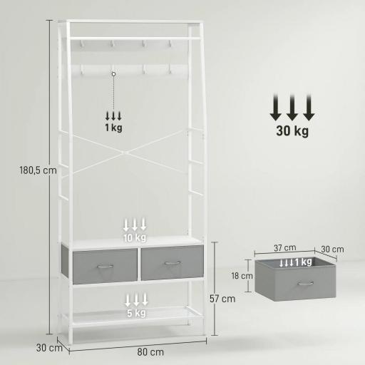 Perchero Zapatero con Zapatero Ganchos Cajones Barra y Eatante para Entrada Pasillo Salón 80x30x180,5 cm Blanco [1]