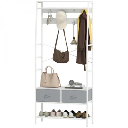Perchero Zapatero con Zapatero Ganchos Cajones Barra y Eatante para Entrada Pasillo Salón 80x30x180,5 cm Blanco [9]