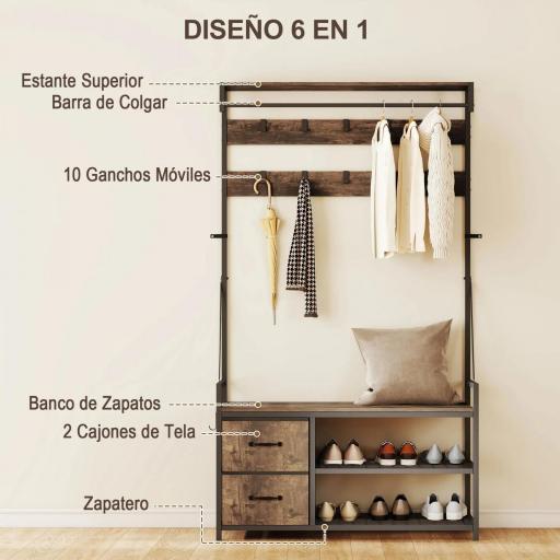 Perchero Zapatero con Zapatero Doble 10 Ganchos Ajustables 2 Cajones y Barra Colgante 100x40x180 cm Marrón Rústico [5]