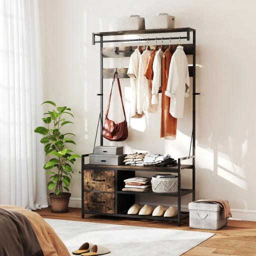 Perchero Zapatero con Zapatero Doble 10 Ganchos Ajustables 2 Cajones y Barra Colgante 100x40x180 cm Marrón Rústico [7]