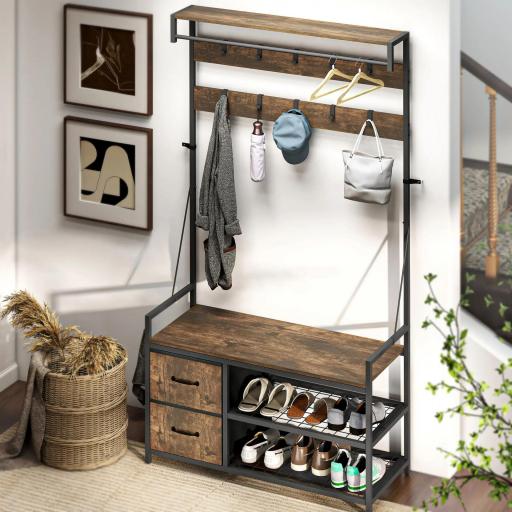 Perchero Zapatero con Zapatero Doble 10 Ganchos Ajustables 2 Cajones y Barra Colgante 100x40x180 cm Marrón Rústico [4]