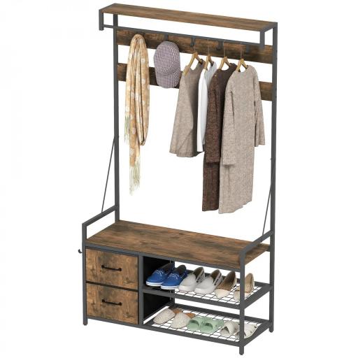 Perchero Zapatero con Zapatero Doble 10 Ganchos Ajustables 2 Cajones y Barra Colgante 100x40x180 cm Marrón Rústico [9]