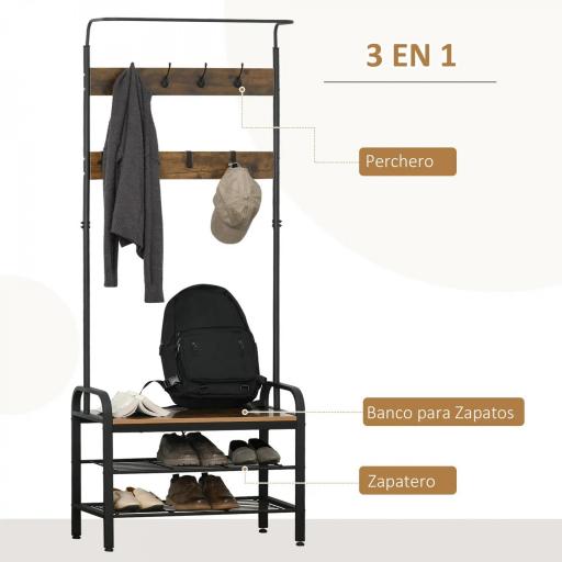 Perchero de Pie Perchero Metálico Zapatero 3 Estantes 8 Ganchos Colgador para Zapatos Ropas para Pasillo Entrada 72x34x185cm [2]