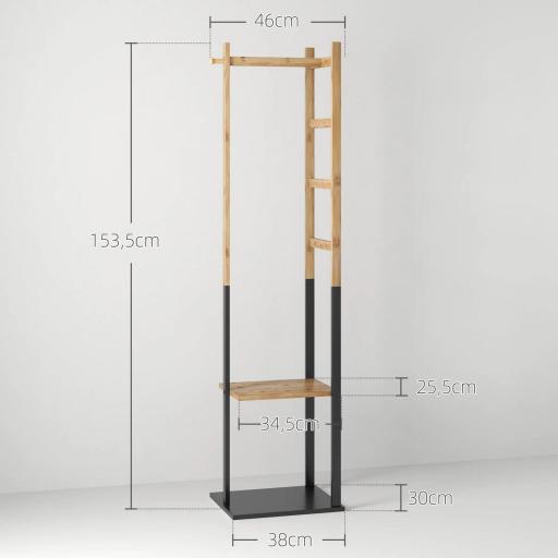 Perchero de Pie de Bambú con 2 Estantes 2 Ganchos 5 Barras con Estructura de Acero para Colgar Ropa Natural y Negro [1]