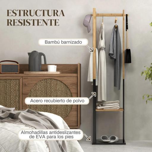 Perchero de Pie de Bambú con 2 Estantes 2 Ganchos 5 Barras con Estructura de Acero para Colgar Ropa Natural y Negro [3]