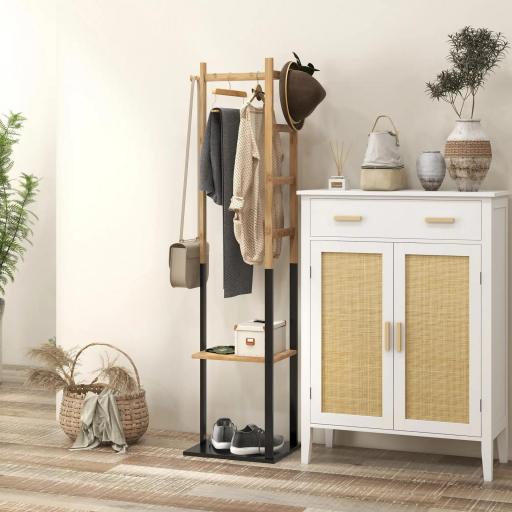 Perchero de Pie de Bambú con 2 Estantes 2 Ganchos 5 Barras con Estructura de Acero para Colgar Ropa Natural y Negro [4]