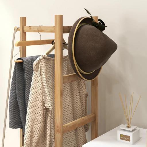 Perchero de Pie de Bambú con 2 Estantes 2 Ganchos 5 Barras con Estructura de Acero para Colgar Ropa Natural y Negro [6]