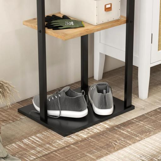 Perchero de Pie de Bambú con 2 Estantes 2 Ganchos 5 Barras con Estructura de Acero para Colgar Ropa Natural y Negro [7]
