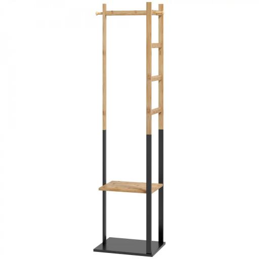 Perchero de Pie de Bambú con 2 Estantes 2 Ganchos 5 Barras con Estructura de Acero para Colgar Ropa Natural y Negro [9]
