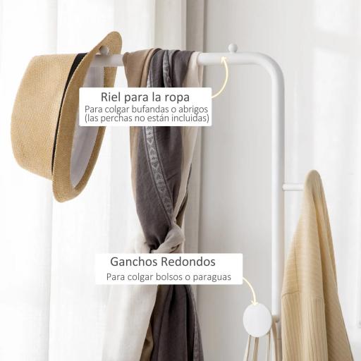 Perchero de Pie con Base de Mármol Barra y 2 Ganchos de Metal para Dormitorio Pasillo 35x25x170 cm Blanco [3]