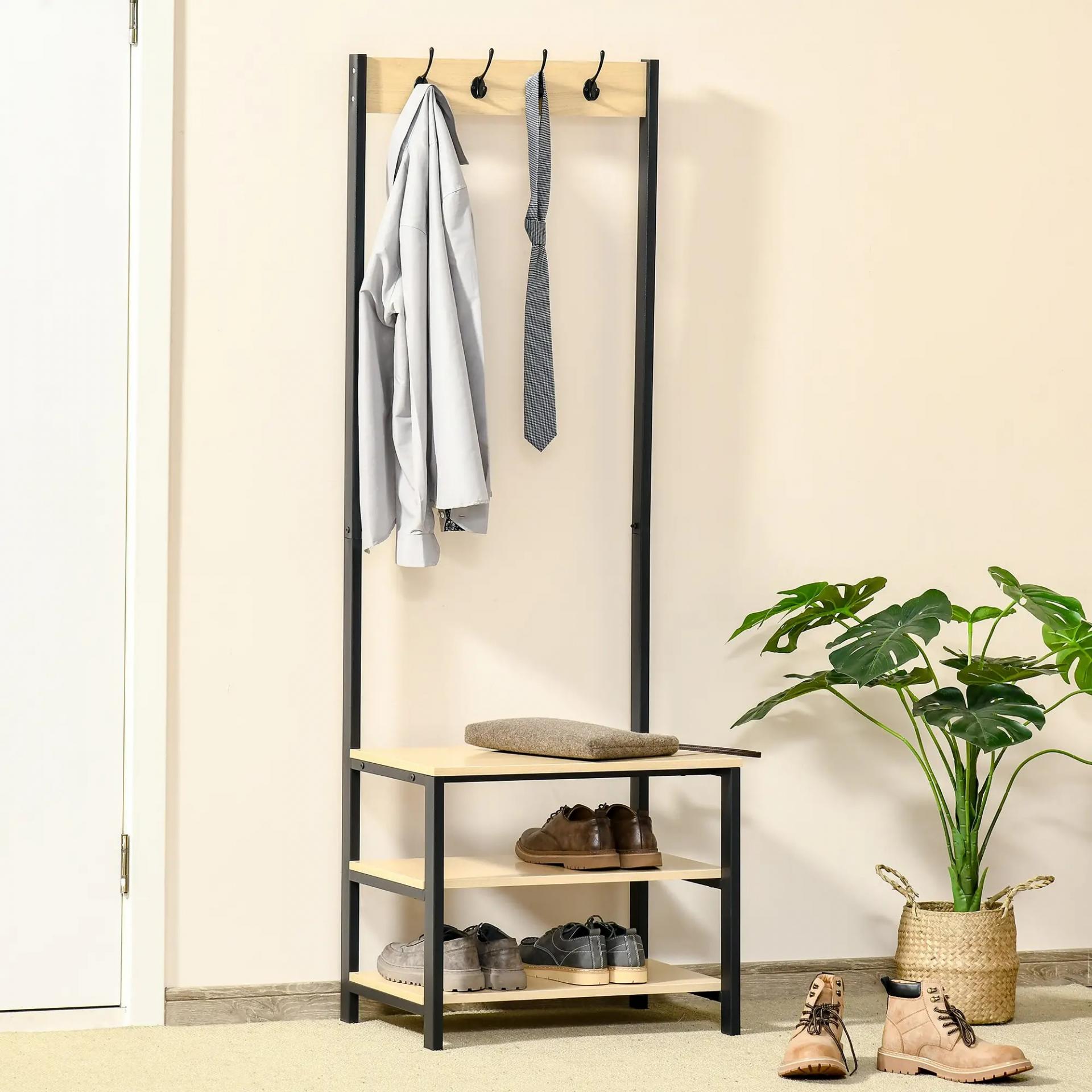 Perchero Metálico Zapatero con 3 Estantes y 4 Ganchos para Colgar Ropas para Pasillo Entrada 60x40x175cm Negro y Natural