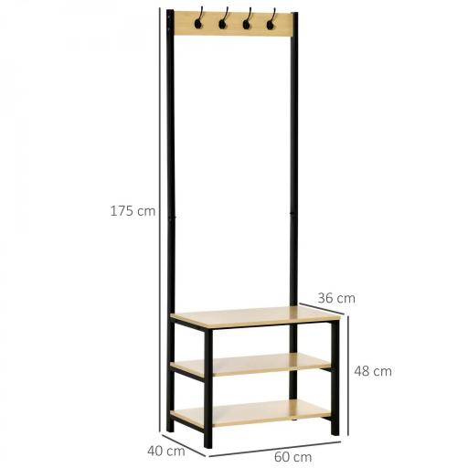 Perchero Metálico Zapatero con 3 Estantes y 4 Ganchos para Colgar Ropas para Pasillo Entrada 60x40x175cm Negro y Natural [1]