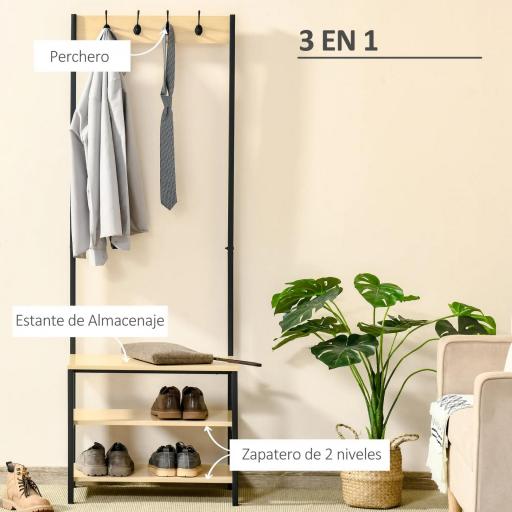 Perchero Metálico Zapatero con 3 Estantes y 4 Ganchos para Colgar Ropas para Pasillo Entrada 60x40x175cm Negro y Natural [2]