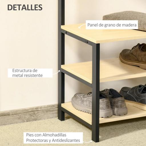 Perchero Metálico Zapatero con 3 Estantes y 4 Ganchos para Colgar Ropas para Pasillo Entrada 60x40x175cm Negro y Natural [3]