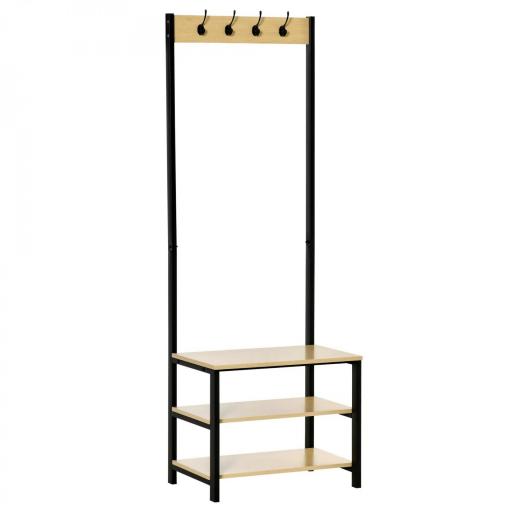 Perchero Metálico Zapatero con 3 Estantes y 4 Ganchos para Colgar Ropas para Pasillo Entrada 60x40x175cm Negro y Natural [9]