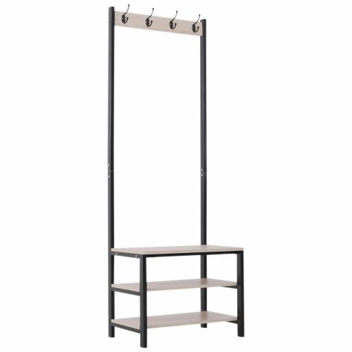 Perchero Metálico Zapatero con 3 Estantes y 4 Ganchos para Colgar Ropas para Pasillo Entrada 60x40x175cm Negro y Natural [8]