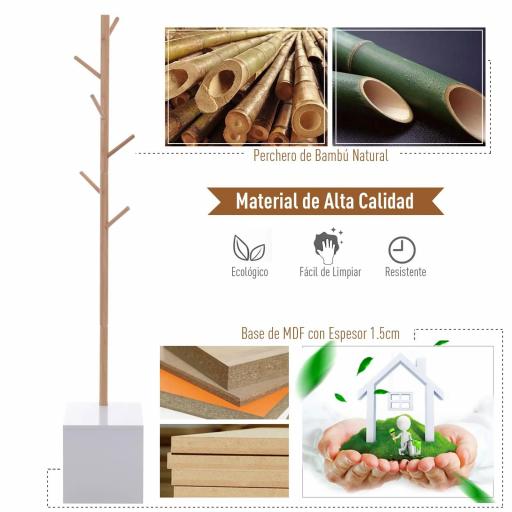 Perchero de Pie con Zapatero Colgador Tipo Árbol Moderno 6 Ganchos para Colgar Ropa Bolsa Banco con Almacenamiento Pasillo Entrada Bambú y MDF 40x30x180cm [4]