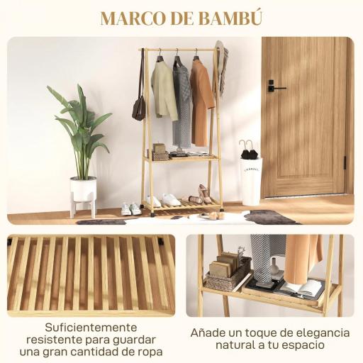 Perchero Burro para Ropa de Bambú con Ruedas 2 Estantes Abiertos y 2 Ganchos 84,5x43,5x158 cm Natural [4]